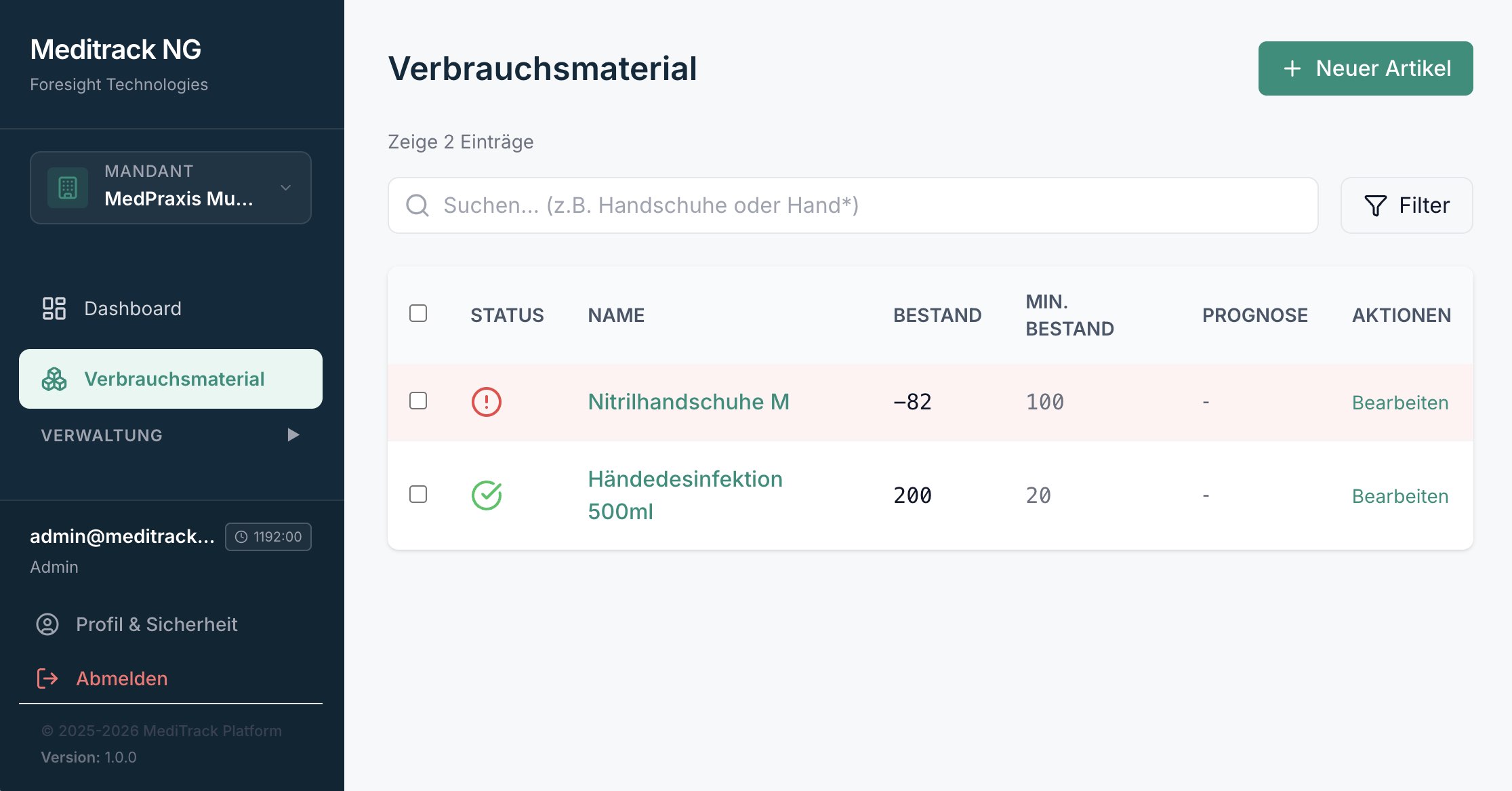 Bestandswarnungen und Materialübersicht in Meditrack