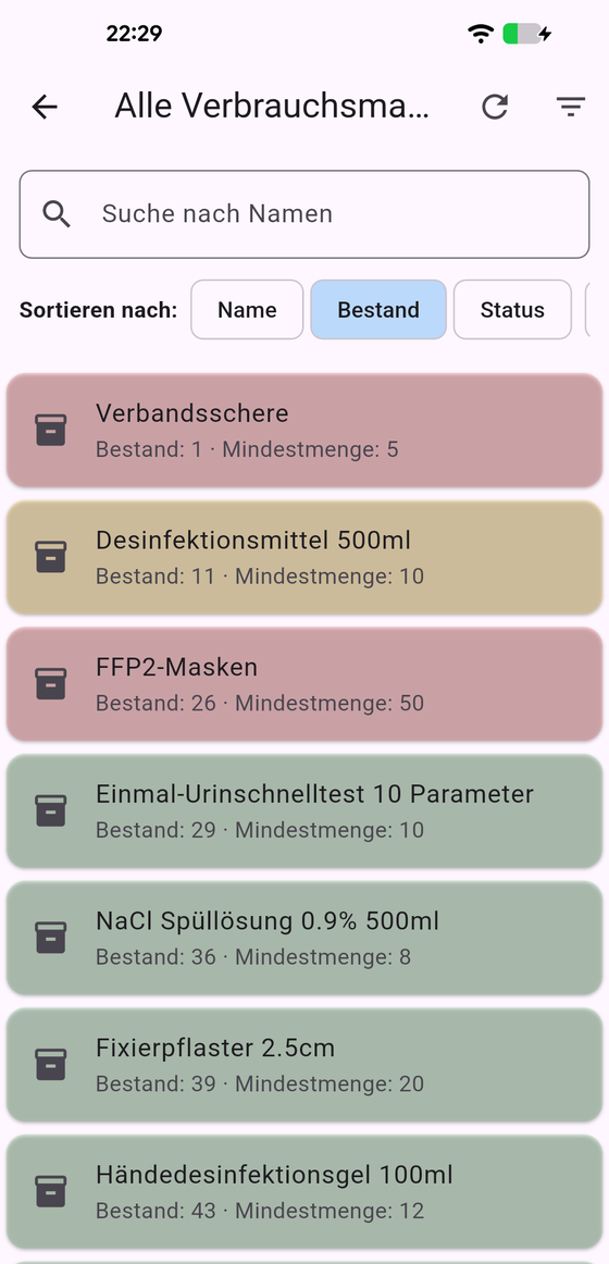 Meditrack NG App: Bestandsliste mit farbiger Ampellogik für kritische Artikel